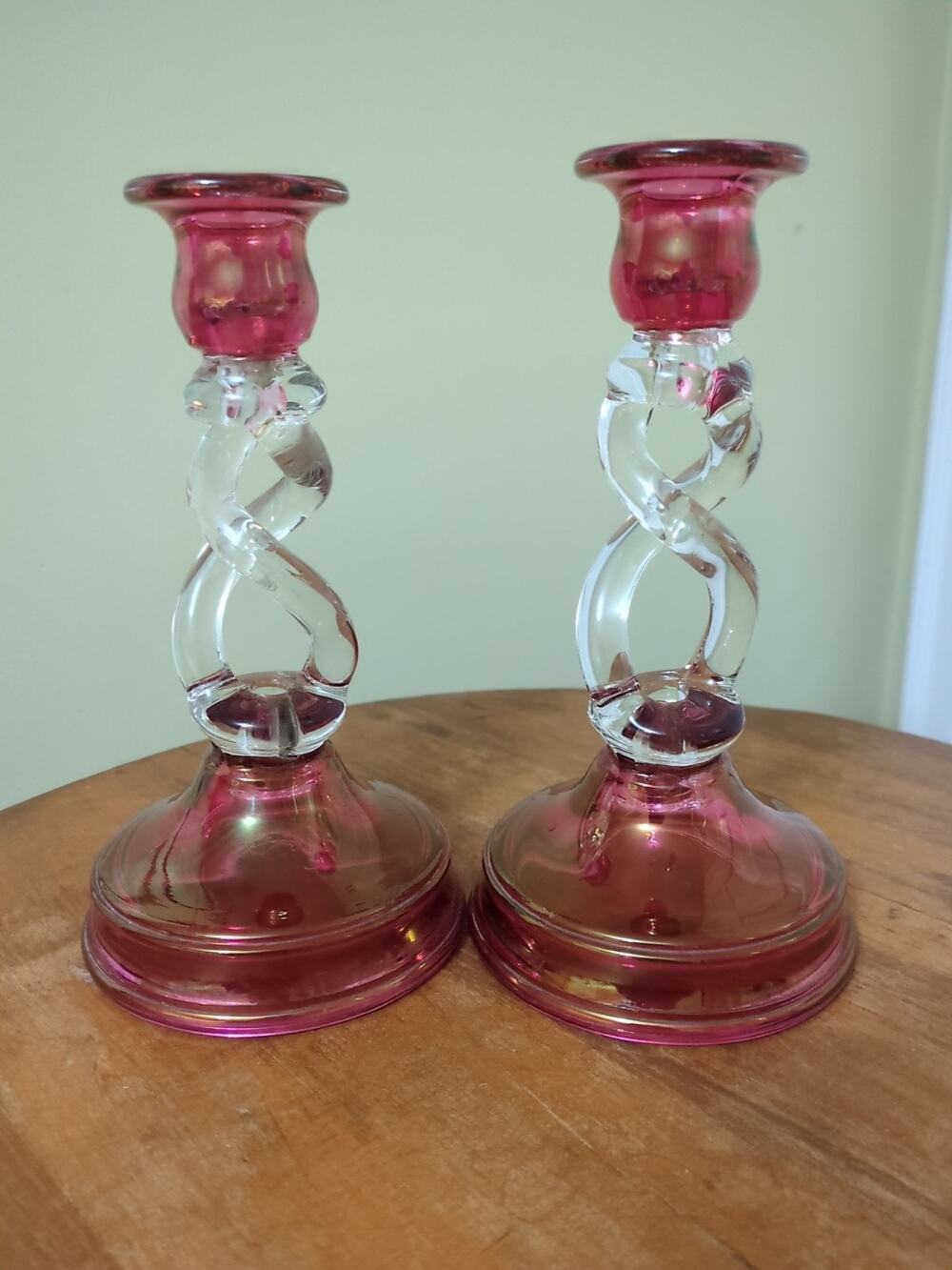 Crystal And Ruby Stain Open Twist Candlesticks Tiffin US Glass Co #80